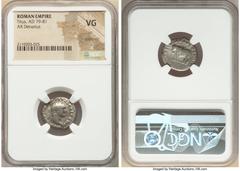 Ancients Roman Imperial Titus, as Augustus (AD 79-81). AR denarius (18mm, 7h). NGC VG, scratches. Rome, January-June AD 80. IMP TITVS CAES VESPASIAN AVG P M, laureate head of Titus right / TR P IX IMP