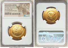 Ancients Byzantine Constantine IX Monomachus (AD 1042-1055). AV histamenon nomisma (30mm, 4.39 gm, 5h). NGC Choice XF 4/5 - 4/5. Constantinople. + IhS XIS RЄX-RЄGNANTIhm, Christ seated facing on thron