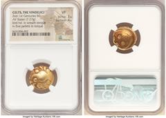 Ancients Celtic CENTRAL EUROPE. Vindelici. Ca. 2nd-1st Centuries BC. AV stater (18mm, 7.27 gm). NGC VF 3/5 - 4/5. Bird head left, both eyes visible as pellets; all within open wreath / Five pellets in