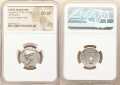 Ancients Roman Provincial LYCIAN LEAGUE. Masicytes. Augustus (27 BC-AD 14). AR drachm (21mm, 12h). NGC Choice VF. Series 6, ca. BC 27/20. Bare head of Augustus right; Λ-Y across fields / Cithara (lyre