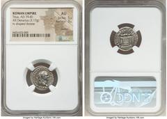 Ancients Roman Imperial Titus, as Augustus (AD 79-81). AR denarius (18mm, 3.17 gm, 5h). NGC AU 5/5 - 3/5, marks. Rome, January-June AD 80. IMP TITVS CAES VESPASIAN AVG P M, laureate head of Titus righ