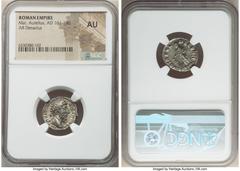 Ancients Roman Imperial Marcus Aurelius, as Augustus (AD 161-180). AR denarius (19mm, 4h). NGC AU. Rome, AD 170-171. IMP M ANTONINVS AVG TR P XXV, laureate head of Marcus Aurelius right / VOTA SOL-DEC