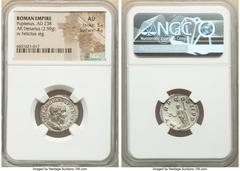 Ancients Roman Imperial Pupienus (April-July AD 238). AR denarius (20mm, 2.59 gm, 11h). NGC AU 5/5 - 4/5. Rome. IMP C M CLOD PVPIENVS AVG, laureate, draped and cuirassed bust of Pupienus right, seen f