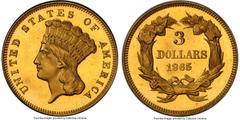 Proof Three Dollar Gold Pieces 1865 $3 Restrike, JD-2, R.8, PR65 Cameo PCGS. CAC. Ex: Harry W. Bass, Jr. Collection. Once mistakenly thought to be a pattern and formerly listed as Judd-440, this enigm