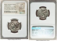 Ancients Greek SICULO-PUNIC. Sicily. Entella. Ca. 345-315 BC. AR tetradrachm (25mm, 17.02 gm, 9h). NGC AU S 5/5 - 4/5, Fine Style. Head of Arethusa left, hair wreathed with grain, wearing triple penda