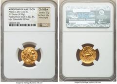 Ancients Greek MACEDONIAN KINGDOM. Philip II (359-336 BC). AV stater (18mm, 8.58 gm, 11h). NGC Choice MS S 5/5 - 4/5, Fine Style. Late posthumous issue of Colophon, under Philip III Arrhidaeus, ca. 32
