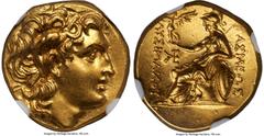 Ancients Greek THRACIAN KINGDOM. Lysimachus (305-281 BC). AV stater (18mm, 8.58 gm, 11h). NGC MS 5/5 - 4/5. Early posthumous issue of uncertain mint. Diademed head deified Alexander III right, with ho
