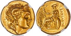 Ancients Greek THRACIAN KINGDOM. Lysimachus (305-281 BC). AV stater (18mm, 8.50 gm, 11h). NGC Choice AU 5/5 - 4/5. Lifetime-early posthumous issue of uncertain mint, ca. 300-280 BC. Diademed head of d