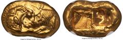 Ancients Greek LYDIAN KINGDOM. Croesus (561-546 BC). AV stater (17mm, 8.07 gm). NGC Choice MS 5/5 - 4/5. Sardes, "light" standard, ca. 550-546 BC. Confronted foreparts of lion right and bull left, bot