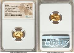 Ancients Greek LYDIAN KINGDOM. Croesus (561-546 BC). AV stater (16mm, 8.08 gm). NGC MS 4/5 - 4/5. Sardes, "light" standard, ca. 550-546 BC. Confronted foreparts of lion on left and bull on right, both