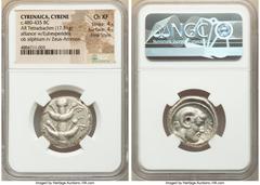 Ancients Greek CYRENAICA. Cyrene. Ca. 480-435 BC. AR tetradrachm (25mm, 17.31 gm, 1h). NGC Choice XF 4/5 - 4/5, Fine Style. In alliance with Euhesperides. Ε-Υ-Ε-Σ (partially retrograde and off flan), 