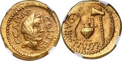 Ancients Roman Republic Julius Caesar, as Consul for the Third Time (46 BC), with Aulus Hirtius, as Praetor. AV aureus (20mm, 7.87 gm, 3h). NGC AU S 5/5 - 5/5. Rome, 46 BC. C•CAESAR-COS•TER, veiled fe