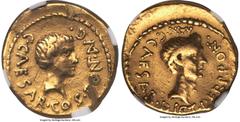 Ancients Roman Republic Octavian, as Consul (ca. 43 BC), with Julius Caesar, as Dictator Perpetuo and Pontifex Maximus. AV aureus (20mm, 8.10 gm, 2h). NGC VF 5/5 - 2/5, scuffs, edge bend. Military min