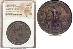 Ancients Roman Imperial Commodus, as Augustus (AD 177-192). AE bimetallic medallion (40mm, 48.15 gm, 12h). NGC Choice AU 5/5 - 2/5, Fine Style, flan flaw. Rome, AD 185. M COMMODVS ANTO-NINVS AVG PIVS 