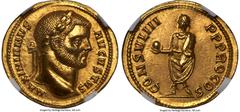 Ancients Roman Imperial Maximian, First Reign (AD 286-310). AV aureus (20mm, 5.37 gm, 7h). NGC Choice MS S 5/5 - 4/5, Fine Style. Cyzicus, AD 290-291. MAXIMIANVS-AVGVSTVS, laureate bust of Maximian ri