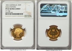 Australia Victoria gold Proof Pattern Sovereign 1853-SYDNEY PR63 Ultra Cameo NGC, London mint, KM-Pn2, McDonald-101 (this coin), Rennik-pg. 24 (this coin cited), Marsh-A358 (R6), QM-24 (R7; this coin)