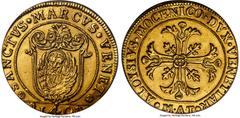Italy Venice. Alvise IV Mocenigo gold Scudo della Croce of 12 Zecchini ND (1771-1772)-MAT AU Details (Damage) PCGS, Venice mint, KM-Pn181, Fr-1484 (Rare), cf. Paolucci-19 (only listed in silver). An u