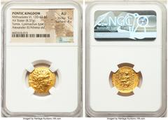 Ancients Greek PONTIC KINGDOM. Mithradates VI Eupator (120-63 BC). AV stater (20mm, 8.37 gm, 12h). NGC AU 5/5 - 4/5. Late posthumous issue in name and types of Lysimachus of Thrace, Tomis, period of t