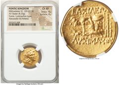 Ancients Greek PONTIC KINGDOM. Mithradates VI Eupator (120-63 BC). AV stater (19mm, 8.25 gm, 11h). NGC Choice XF 4/5 - 4/5. Issue of Tomis, in name and types of Lysimachus of Thrace, 88-86 BC. Diademe