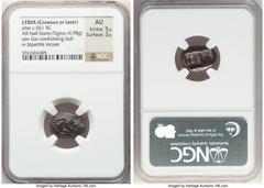 Ancients Greek LYDIAN KINGDOM. Croesus (561-546 BC). AR half-stater or siglos (16mm, 4.98). NGC AU 5/5 - 3/5. Sardes. Confronted foreparts of lion right and bull left, both with outstretched foreleg /