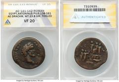 Ancients Roman Provincial EGYPT. Alexandria. Antoninus Pius (AD 138-161). AE drachm (34mm, 23.80 gm, 12h). ANACS VF 20, tooled. Dated Regnal Year 5 (AD 141/2). ΑVΤ Κ Τ ΑΙΛ ΑΔΡ ΑΝΤwΝΙΝΟϹ ϹЄΒ ƐVϹ, laure