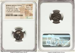 Ancients Roman Republic Q. Servilius Caepio (M. Junius) Brutus, Assassin of Caesar, as Proconsul (44-42 BC). AR denarius (17mm, 4.18 gm, 8h). NGC Choice XF S 4/5 - 5/5. Military mint traveling with Br