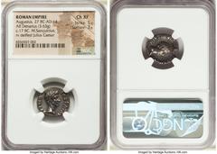 Ancients Roman Imperial Augustus (27 BC-AD 14). AR denarius (18mm, 3.63 gm, 8h). NGC Choice XF 5/5 - 3/5. Rome, 17 BC. AVGVSTVS-DIVI•F, bare head of Augustus right / M SANQVI-NIVS III VIR, laureate, y