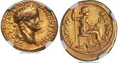 Ancients Roman Imperial Tiberius (AD 14-37). AV aureus (20mm, 7.73 gm, 2h). NGC Choice VF 5/5 - 3/5, scuff. Lugdunum, ca. AD 14-17. TI CAESAR DIVI-AVG F AVGVSTVS, laureate head of Tiberius right / PON