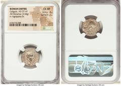 Ancients Roman Imperial Gaius (Caligula) (AD 37-41). AR denarius (18mm, 3.54 gm, 8h). NGC Choice XF 4/5 - 2/5. Lugdunum, AD 37-38. C•CAESAR•AVG•GERM•P•M•TR•POT, laureate head of Caligula right / AGRIP