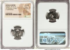 Ancients Roman Imperial Gaius (Caligula) (AD 37-41), with Germanicus. AR denarius (18mm, 3.62 gm, 5h). NGC Choice XF 5/5 - 2/5, marks. Rome, AD 37-38. C•CAESAR•AVG•GERM•P•M•TR•POT, laureate head of Ca