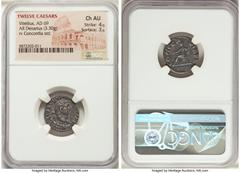 Ancients Roman Imperial Vitellius (late April-20 December AD 69). AR denarius (18mm, 3.30 gm, 5h). NGC Choice AU 4/5 - 3/5. Rome, July-December AD 69. A VITELLIVS GERMAN IMP TR P, laureate head of Vit