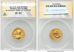Ancients Roman Imperial Probus (AD 276-282). AV aureus (21mm, 6.47 gm, 11h). ANACS VF 30, plugged, repaired. Siscia, ca. AD 276-282. IMP C M AVR PROBVS P F AVG, laureate bust of Probus left, wearing i