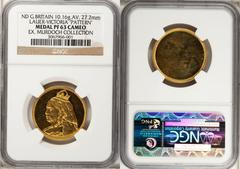 Victoria "Jubilee Head" uniface possible Pattern gold Two Pounds (ND), or Florin in gold, not in W&S, Medal PR63 Cameo NGC, very choice surfaces, regal crowned 3/4 forward crowned and veiled portrait 