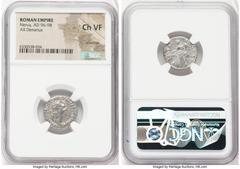 Ancients Roman Imperial Nerva (AD 96-98). AR denarius (18mm, 5h). NGC Choice VF, scratches. Rome, AD 96. IMP NERVA CAES AVG-P M TR P II COS III P P, laureate head of Nerva right / AEQVITAS-AVGVST, Aeq
