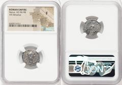 Ancients Roman Imperial Nerva (AD 96-98). AR denarius (18mm, 7h). NGC Fine. Rome, AD 97. IMP NERVA CAES AVG-P M TR P II COS III P P, laureate head of Nerva right / LIBERTAS-PVBLICA, Libertas standing 