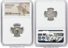 Ancients Roman Imperial Titus, as Augustus (AD 79-81). AR denarius (19mm, 5h). NGC Fine. Rome, AD 80, January 1-July 1. IMP TITVS CAES VESPASIAN AVG P M, laureate head of Titus right / TR P IX IMP XV 