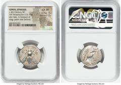 Ancients Greek IONIA. Ephesus. Ca. 4th century BC. AR tetradrachm (24mm, 15.13 gm, 12h). NGC Choice VF 4/5 - 3/5. Ca. 350-340 BC. Mnesarcus, magistrate. E-Φ, bee with straight wings seen from above / 
