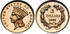 Three Dollar Gold Pieces 1865 $3 MS66 S NGC. The elusive 1865 three dollar gold has the lowest mintage figure of any issue in this challenging series struck prior to 1881, with only 1,165 strikes prod
