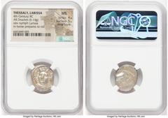 Ancients Greek THESSALY. Larissa. 4th century BC. AR drachm (20mm, 6.14 gm, 11h). NGC MS 4/5 - 5/5, Fine Style. Head of nymph Larissa facing, turned slightly left, wearing ampyx, pendant earring, and 