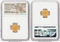 Ancients Byzantine Theophilus (AD 829-842). AV solidus (16mm, 3.97 gm, 5h). NGC Choice AU 5/5 - 4/5. Syracuse, AD 831-842. ΘЄ-OFILOS (F upside-down), bust of Theophilus facing, bearded, wearing loros 