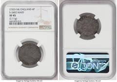 Great Britain Mary (Sole Reign, 1553-1558) Groat (4 Pence) ND (1553-1554) XF45 NGC, Tower mint, Pomegranate mm, S-2492, N-1960. 2.11gm. Sold with a Davissons tag. Ex. Davissons Auction 13 (2000, Lot 2