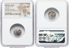 Ancients Celtic BRITAIN. Iceni. Ca. 20 BC-AD 40. AR unit (14mm, 7h). NGC Choice VF. Uninscribed coinage, Norfolk God, Small Head Type. Male head right, sunken oval eye, no mustache, short dashes for h
