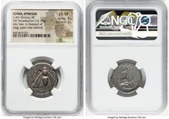 Ancients Greek IONIA. Ephesus. Ca. 4th century BC. AR tetradrachm (24mm, 15.10 gm, 12h). NGC Choice VF 4/5 - 3/5. Ca. 350-340 BC. Eoelthon II, magistrate. E-Φ, bee with straight wings seen from above 