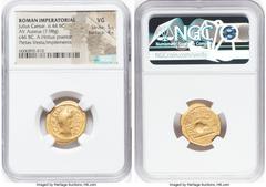 Ancients Roman Republic Julius Caesar, as Consul for the Third Time (46 BC), with Aulus Hirtius, as Praetor. AV aureus (21mm, 7.98 gm, 2h). NGC VG 5/5 - 4/5. Rome, 46 BC. C•CAESAR-COS•TER, veiled fema