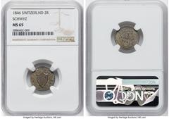 Switzerland Schwyz. Canton 2 Rappen 1846-DB MS65 NGC KM62, HMZ 2-810. It's always a pleasure to offer an intriguing small 19th century billon coin like this that has been preserved so excellently thro