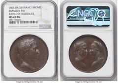 France Napoleon bronze "Battle of Austerlitz" Medal 1805-Dated MS65 Brown NGC, Bram-446. 40mm. By Andrieu. BATAILLE D'AUSTERLITZ Laureate head right // ALEXANDRE I FRANCOIS II Laureate busts of Alexan