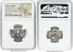 Ancients Greek IONIA. Ephesus. Ca. 4th century BC. AR tetradrachm (23mm, 15.13 gm, 12h). NGC Fine 5/5 - 3/5. Ca. 370-360 BC. Orchamenius, magistrate. E-Φ, bee with straight wings seen from above / OPX