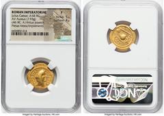 Ancients Roman Republic Julius Caesar, as Consul for the Third Time (46 BC), with Aulus Hirtius, as Praetor. AV aureus (20mm, 7.93gm, 4h). NGC Fine 5/5 - 4/5. Rome, 46 BC. C•CAESAR-COS•TER, veiled fem