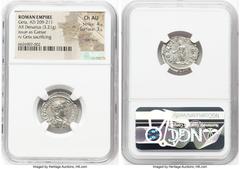 Ancients Roman Imperial Geta, as Caesar (AD 209-211). AR denarius (19mm, 3.21 gm, 6h). NGC Choice AU 4/5 - 3/5, flan flaw. Rome, ca. early AD 209. P SEPTIMVIS-GETA CAES, bare headed, draped bust of Ge