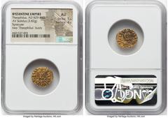 Ancients Byzantine Theophilus (AD 829-842). AV solidus (16mm, 3.82 gm, 5h). NGC Choice AU 5/5 - 4/5. Syracuse, AD 831-842. ΘЄ-OFILOS (F upside-down), bust of Theophilus facing, bearded, wearing loros 